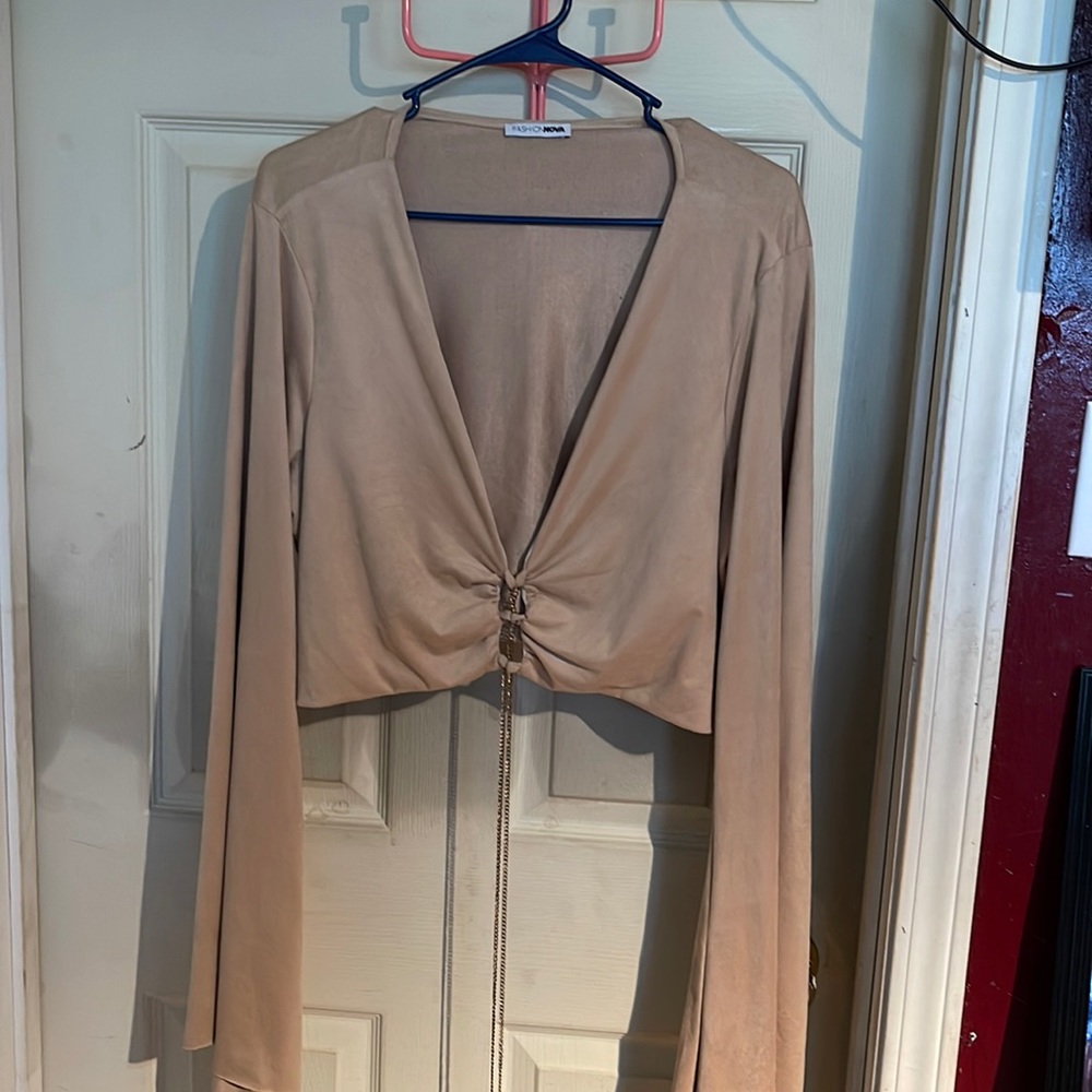 Camel velvet gold chain tie up crop top